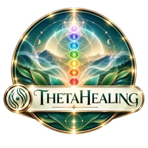 Símbolo do ThetaHealing®: coluna de chakras sobre montanhas e folhas, em moldura dourada
